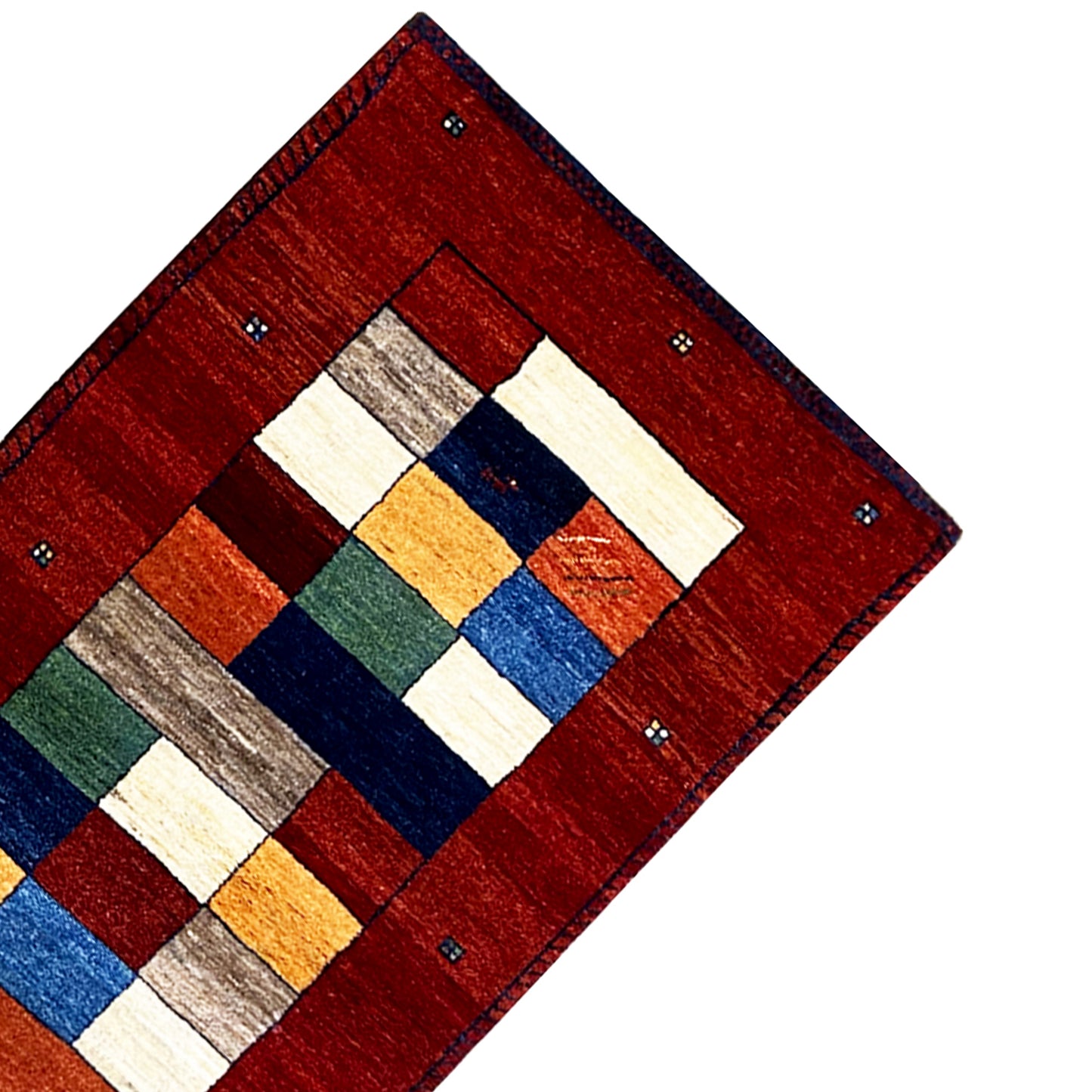 Roter Gabbeh-Teppich-Läufer Ecke mit geometrischem Mittelmotiv.