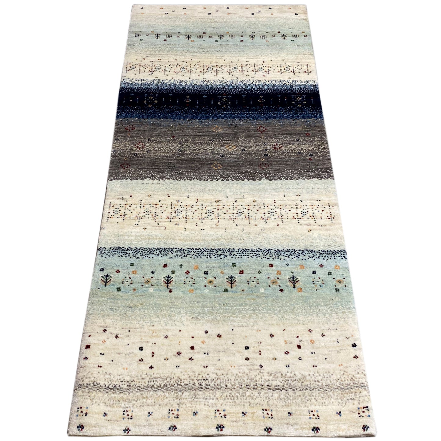 Gabbeh-Teppichläufer, breit gestreiftes Design in Creme, Blau und Grau