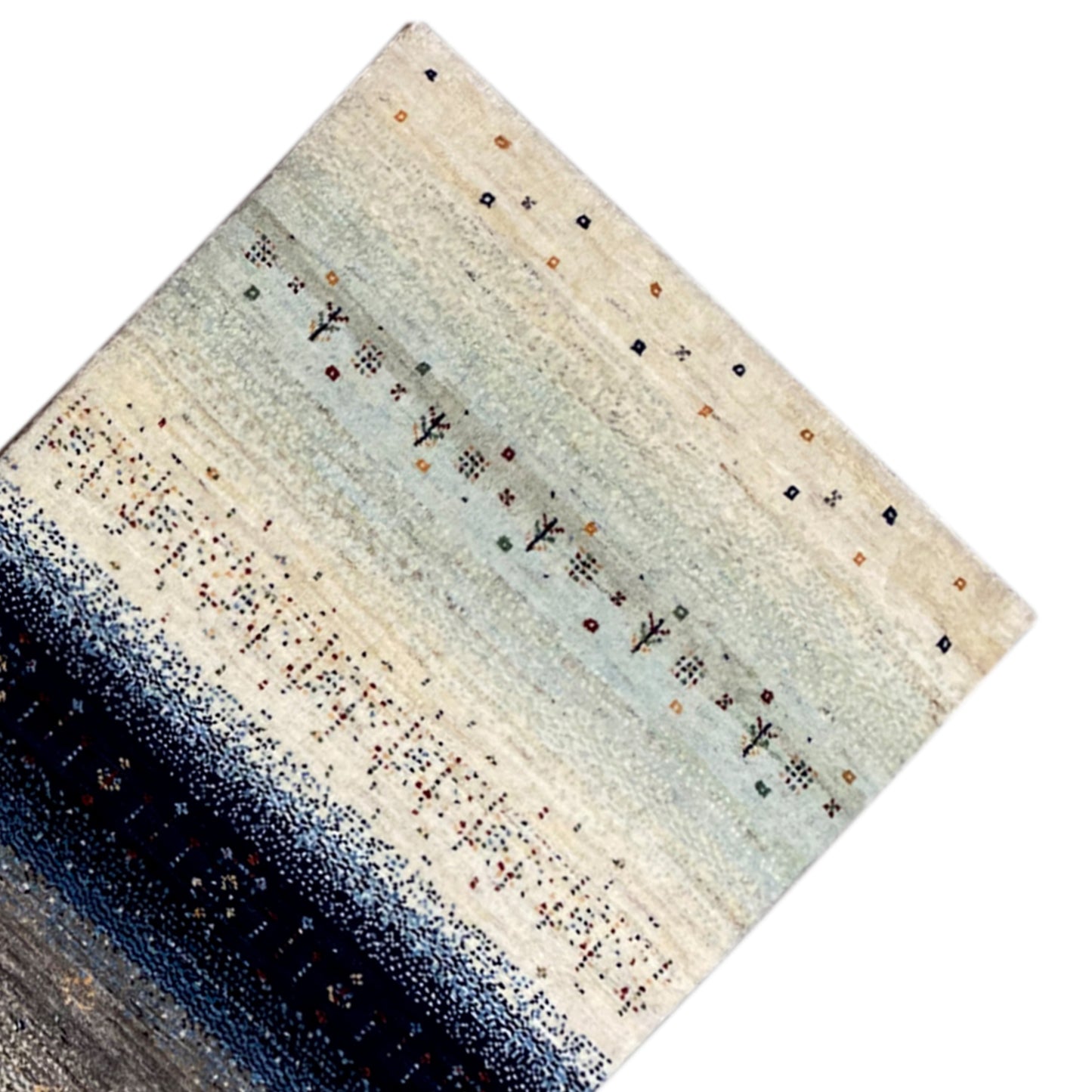 Gabbeh-Teppichläufer mit vertikalen Farbbändern und bunten kleinen Blumenmotiven