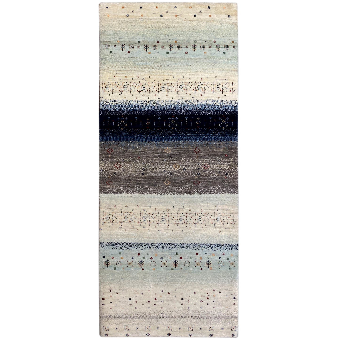 Gabbeh-Teppichläufer mit Streifenmuster in Creme, Hellblau und Dunkelblau