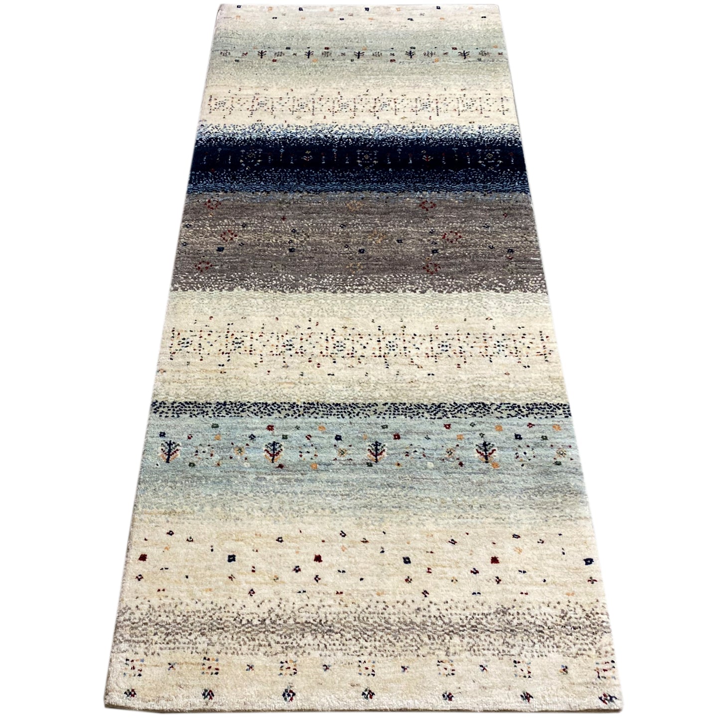 Gabbeh-Teppich-Läufer, hellbeige mit dunkelblauen Querstreifen und kleinen mehrfarbigen Motiven
