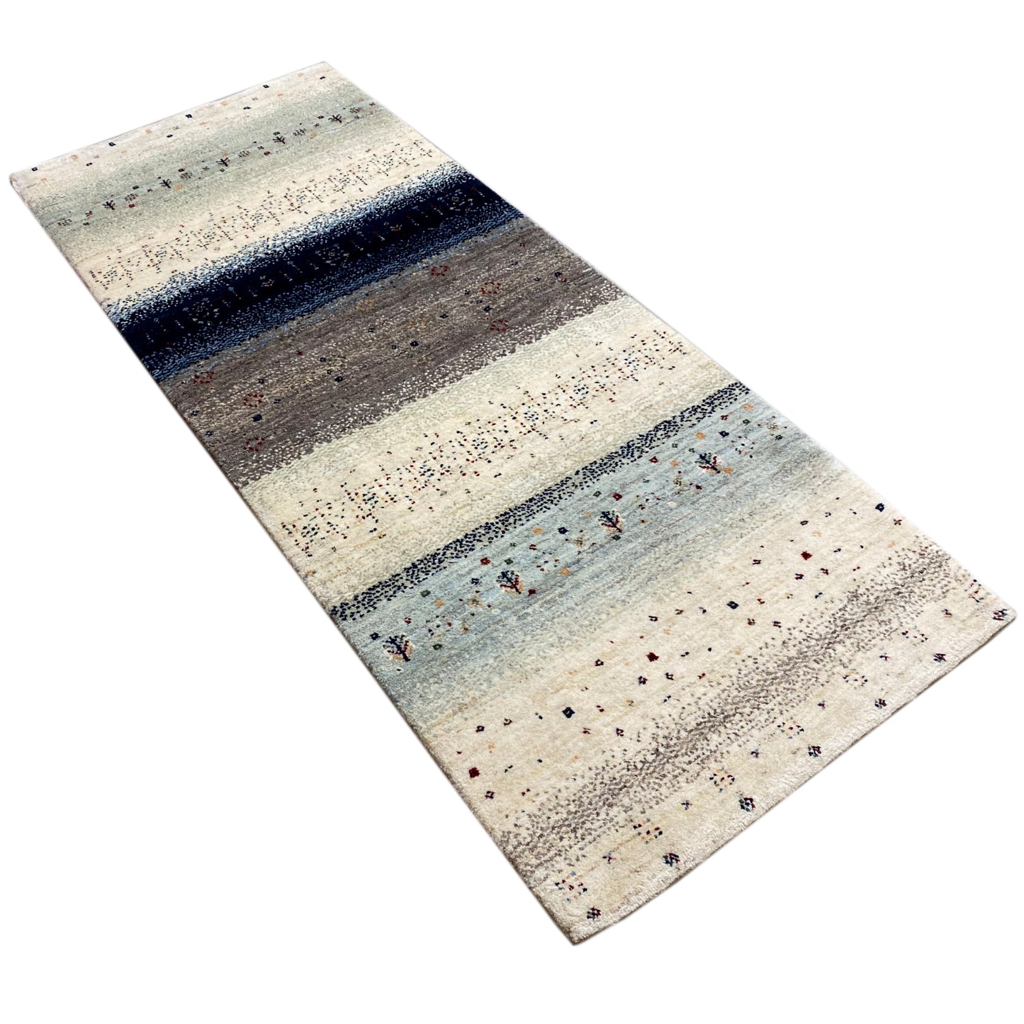 Gabbeh-Teppich-Läufer diagonal, hellbeige mit blauen und grauen Zonen sowie Punktmuster
