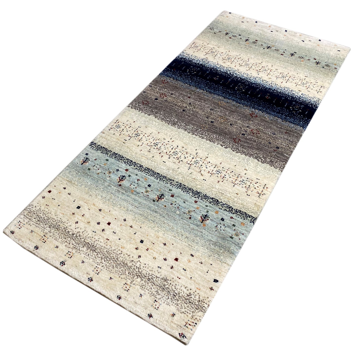 Gabbeh-Teppich-Läufer schräg, hellbeige mit blauem Querband, grauen Bereichen und Punkten