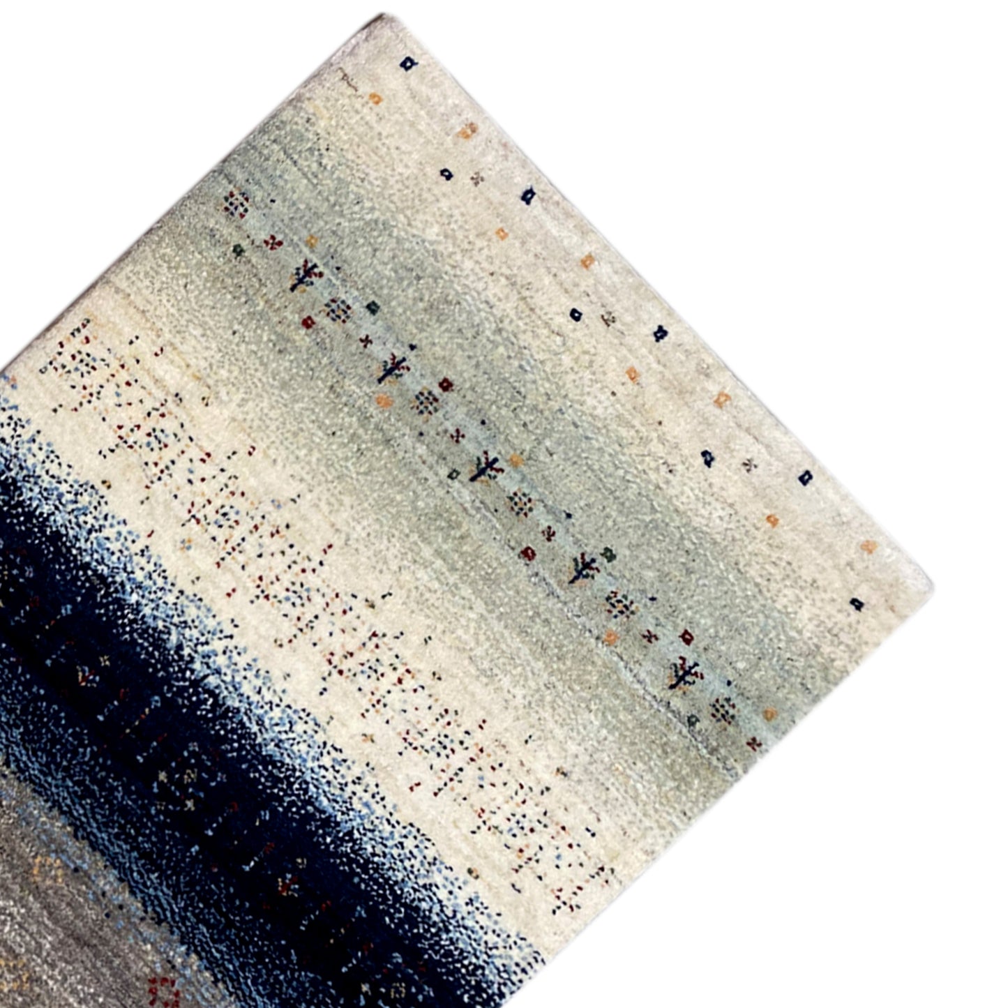 Gabbeh-Teppich-Läufer Ecke, hellbeige mit blauem Streifenband und kleinen roten/blauen Motiven