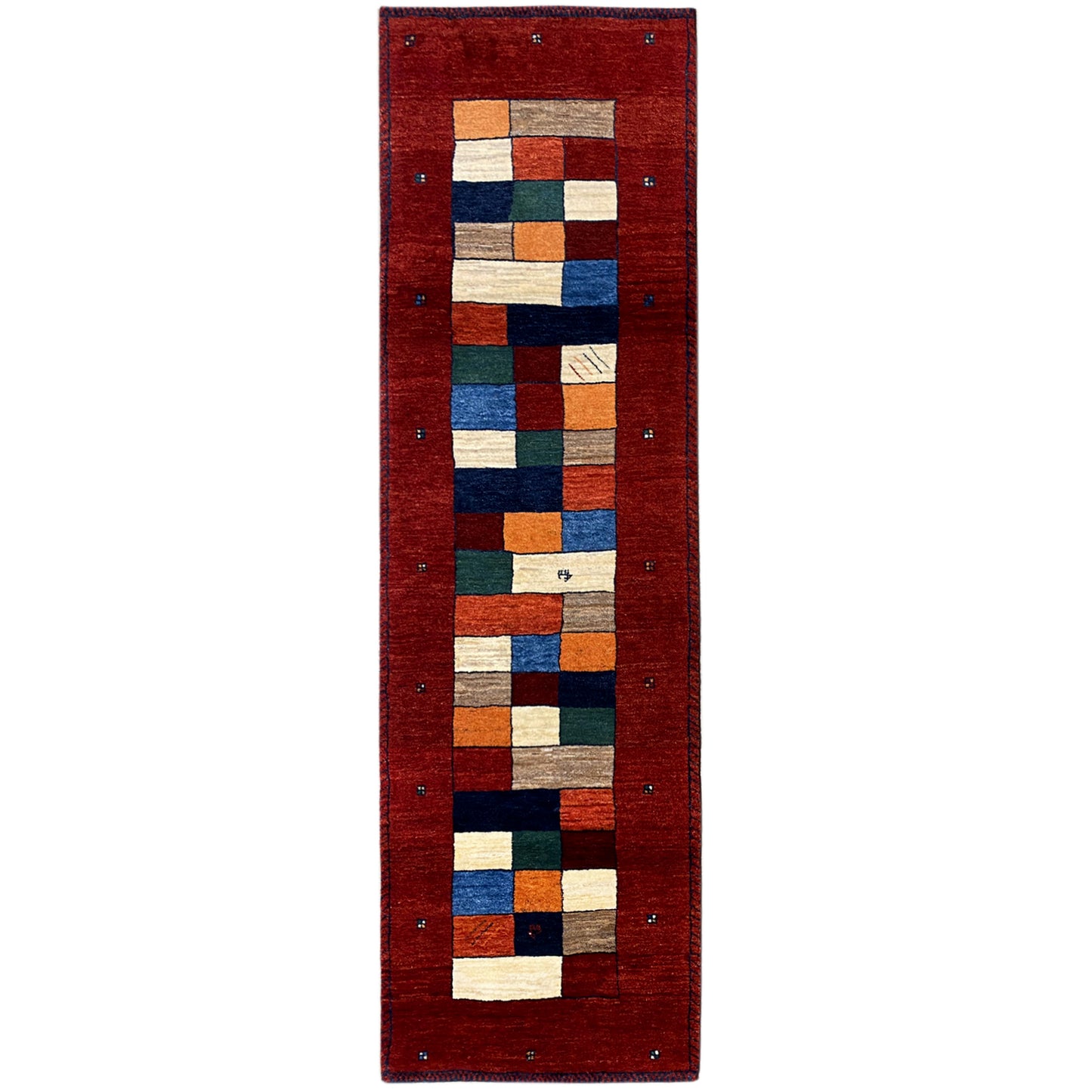 Roter Gabbeh-Teppichläufer mit Patchwork-Quadratmuster und blauer Borte