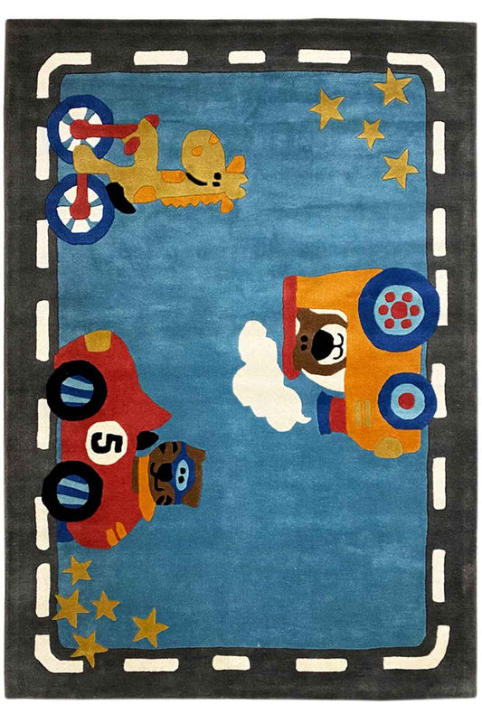 Handgetufteter Wollteppich mit farbenfrohem Auto- & Tiermotiv, 170x240cm (5.6X7.9ft) - German Carpet Shop