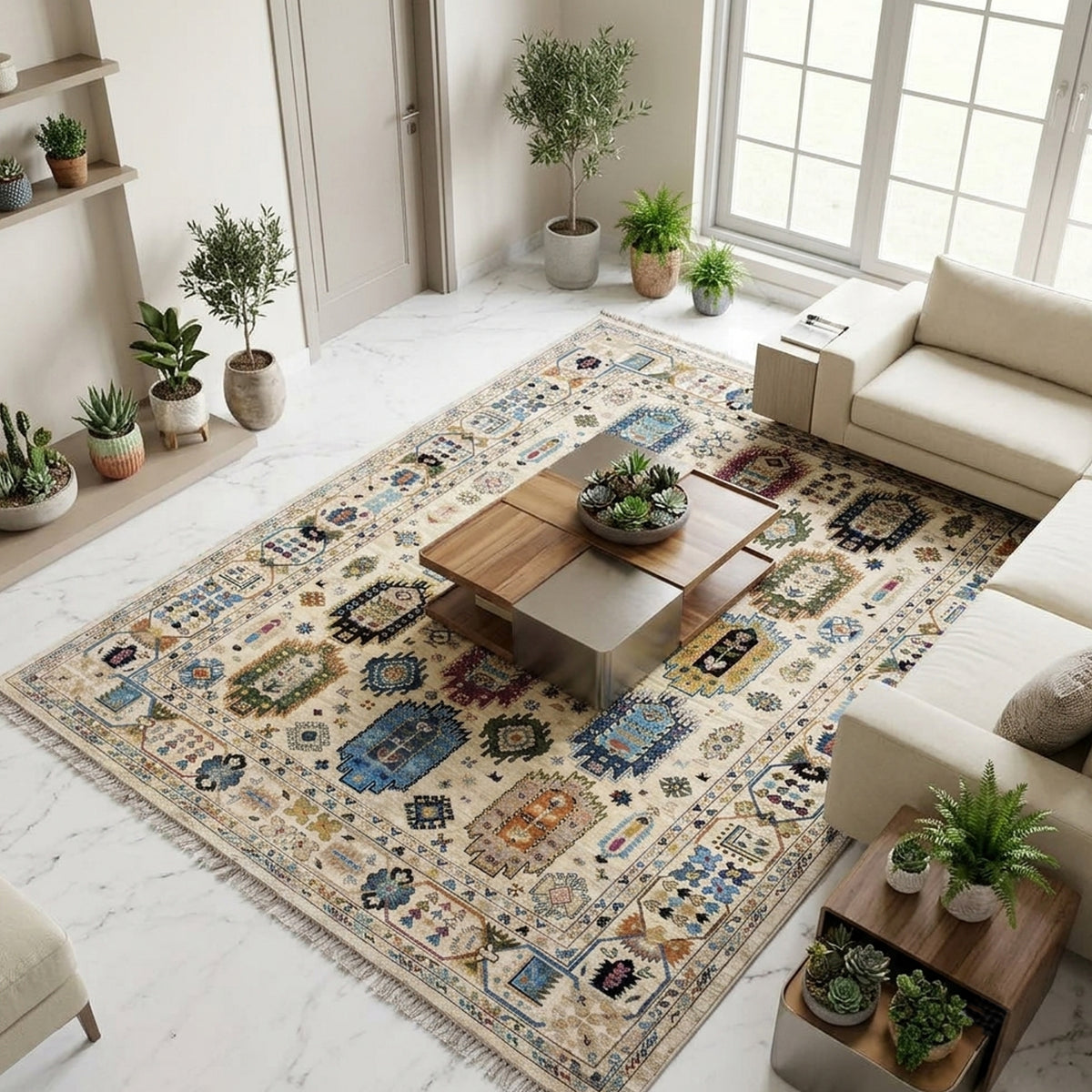 Indo-afghanischer Teppich mit geometrischem Muster in Blau und Beige, zentraler Medaillon-Bereich
