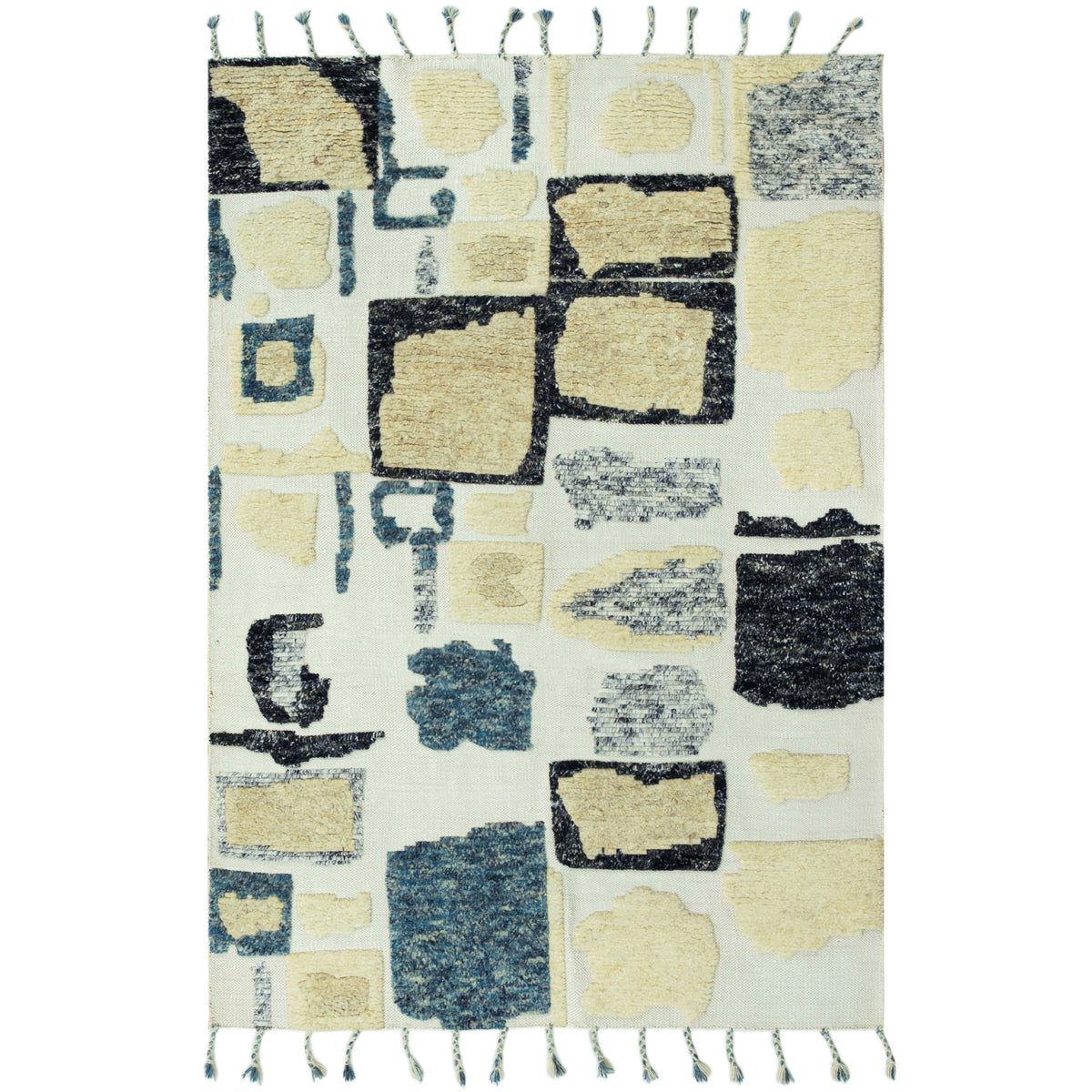 Teppich 240x170 cm mit abstraktem Patchwork-Muster in Creme, Blau und Schwarz, mit Fransen