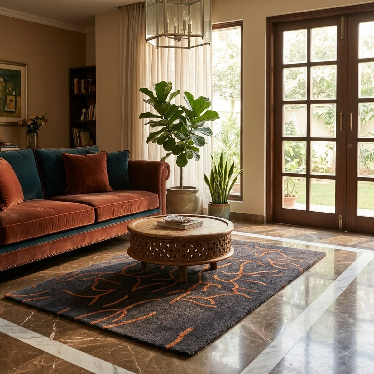 Design-Teppich in dunkelgrau mit orangefarbenem abstraktem Linienmuster im Wohnzimmer