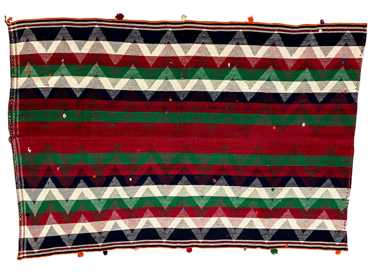 Jajim-Teppich mit horizontalem Zickzackmuster in Rot, Grün, Creme und Dunkelblau