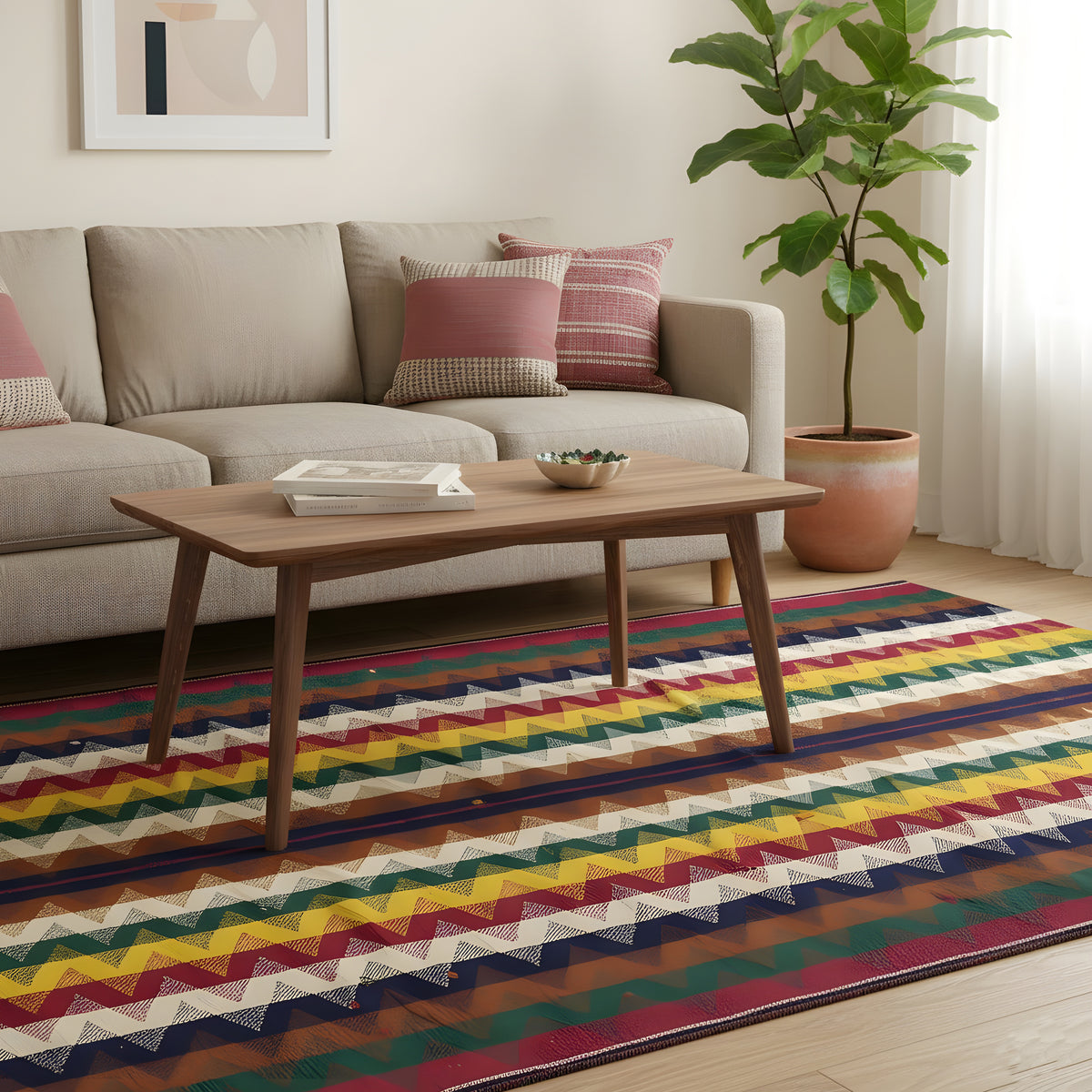 Jajim-Teppich mit buntem Zickzackmuster unter dem Couchtisch, rechteckig