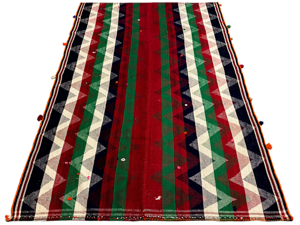Jajim-Teppich mit gestreiftem Muster in Rot, Grün, Creme und Dunkelblau