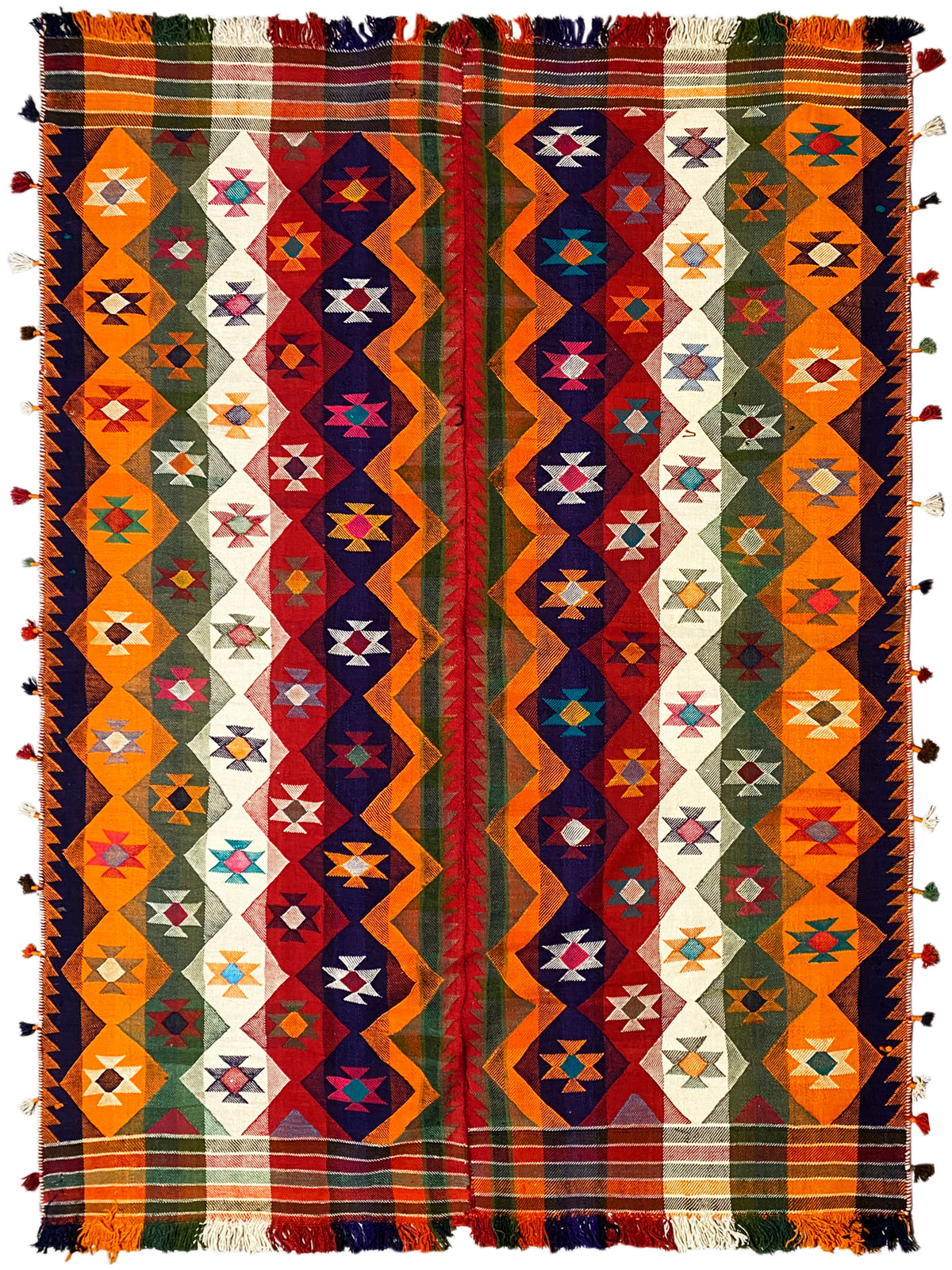Jajim-Teppich mit geometrischem Patchwork, Farben Orange, Blau und Grün, Fransen