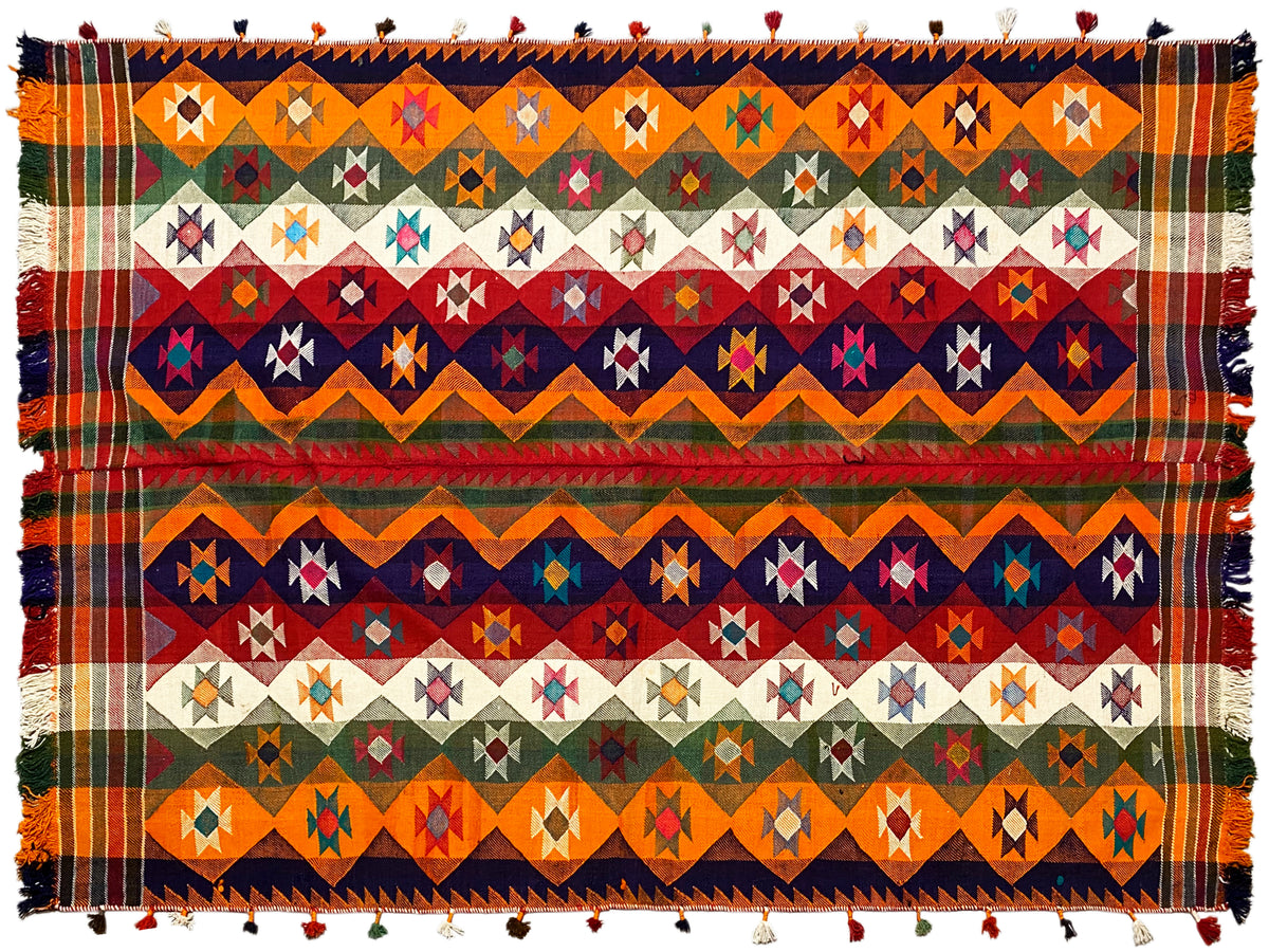 Jajim-Teppich in Streifenoptik mit geometrischen Motiven, Fransen, bunt