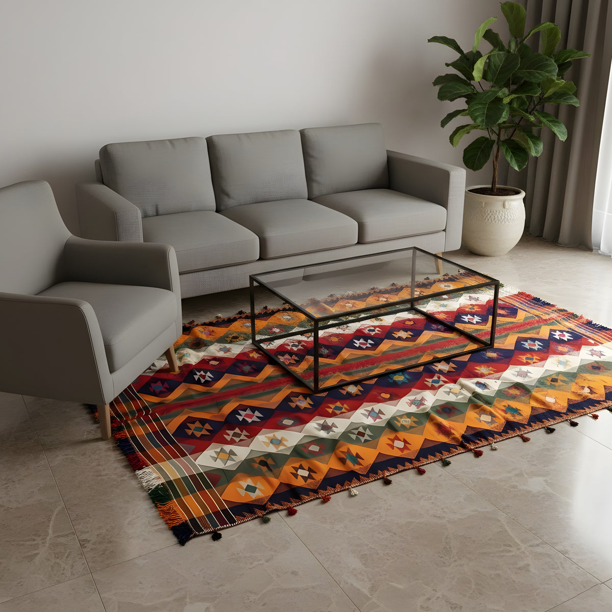 Jajim-Teppich auf dem Boden, bunte Patchwork-Optik mit Fransen, 240x164 cm