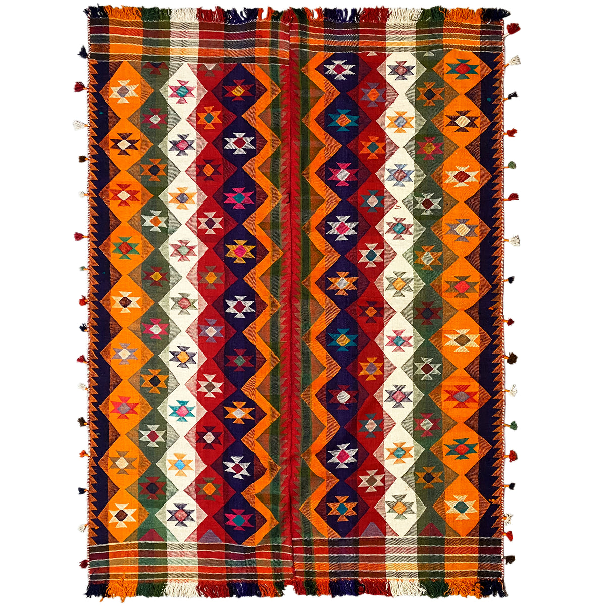 Jajim-Teppich mit buntem Patchwork-Muster, Fransen an den Rändern, 240x164 cm
