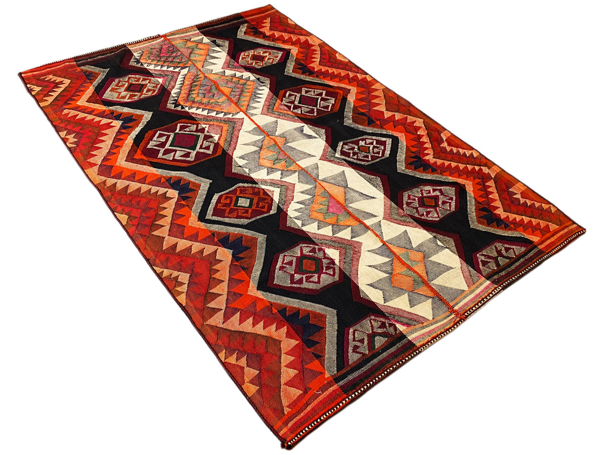 Jajim-Teppich zweilagiges Zickzackmuster, Rauten in Rot, Schwarz, Creme und Gelb