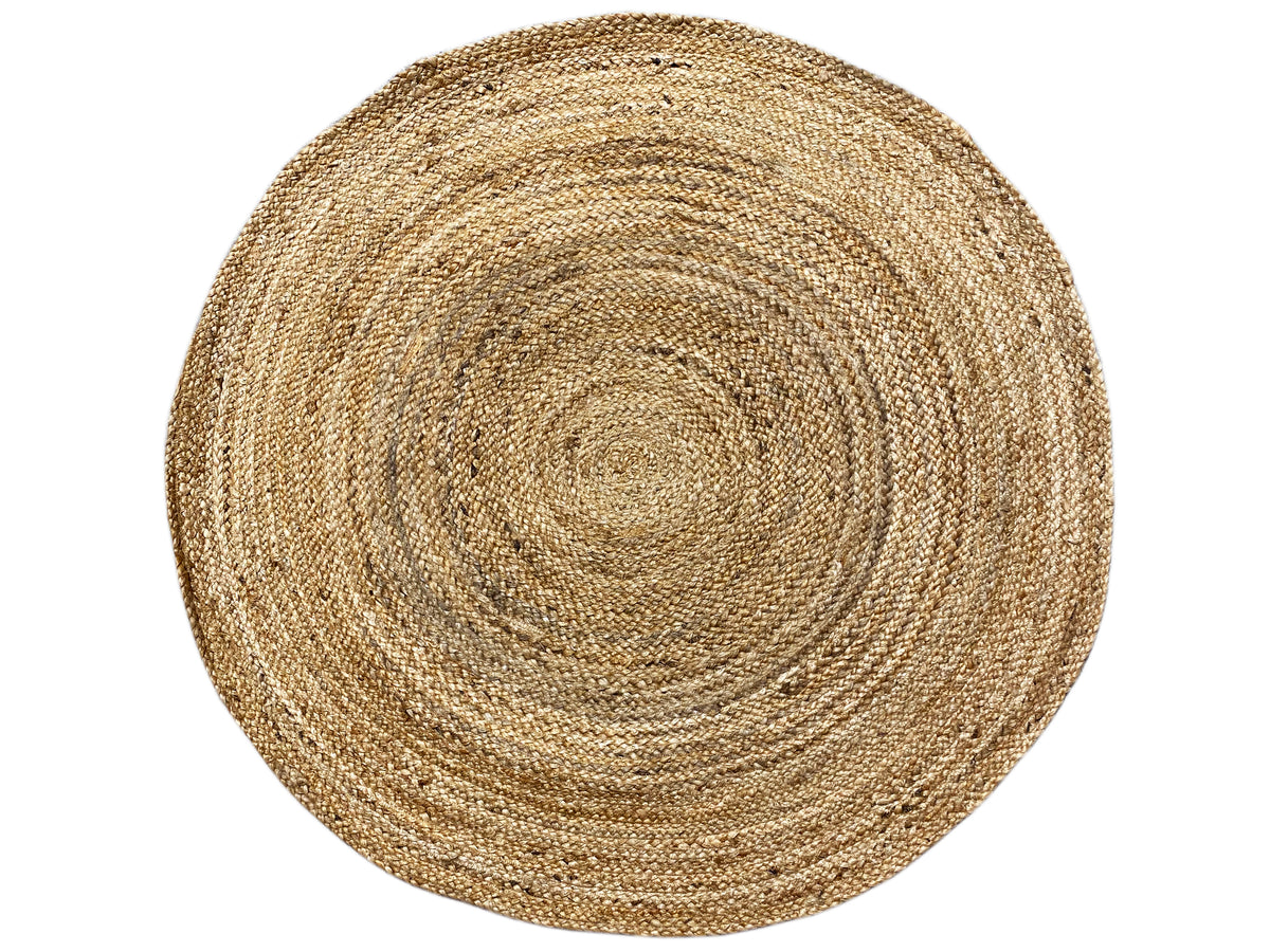 Beiger, runder Jute-Teppich mit Spiralring-Muster, von oben