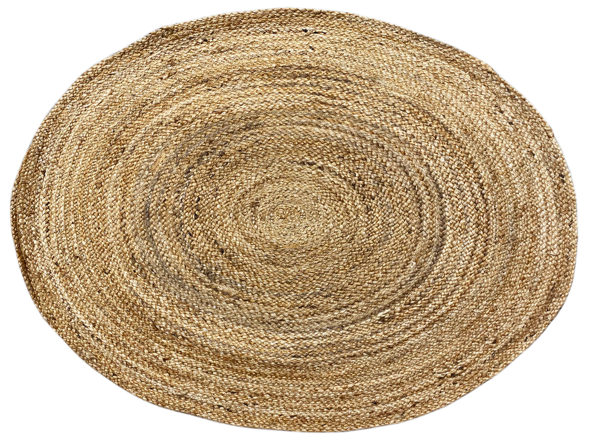 Beiger, runder Jute-Teppich mit Spiralring-Muster, flach gewebte Oberfläche