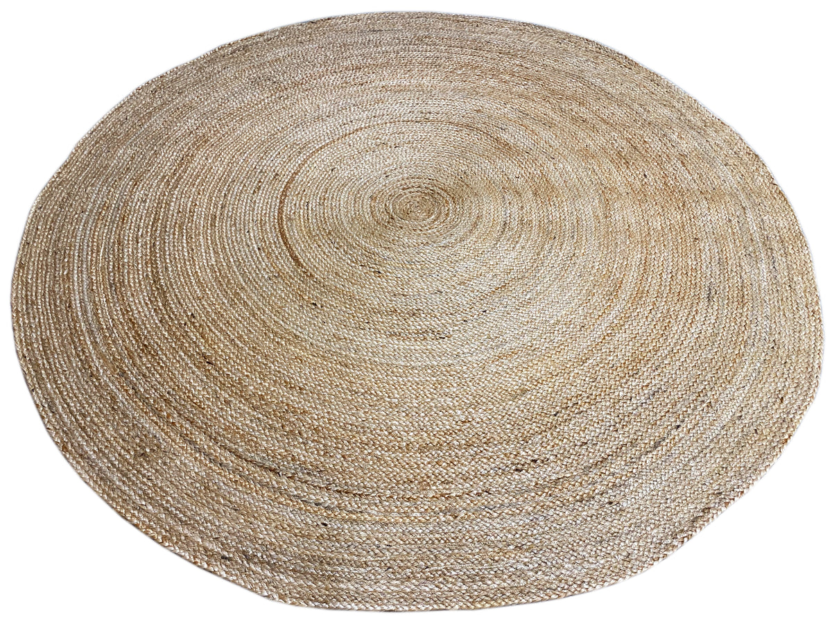 Runder Jute-Teppich in Natur, flaches, spiralförmig gewebtes Muster
