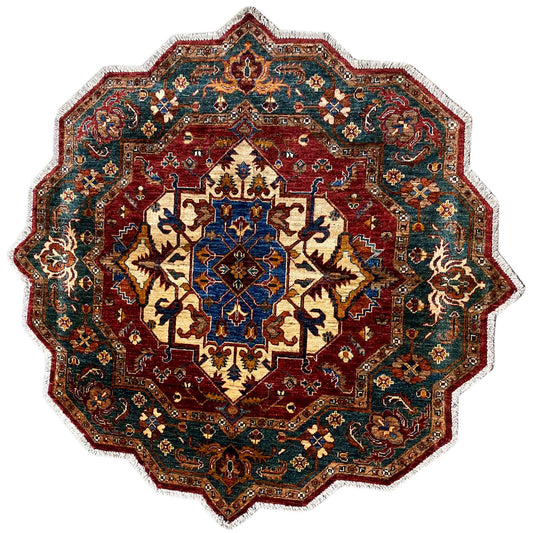 Roter & Blauer Achteckiger Kazak Teppich, 150x150 cm - German Carpet Shop