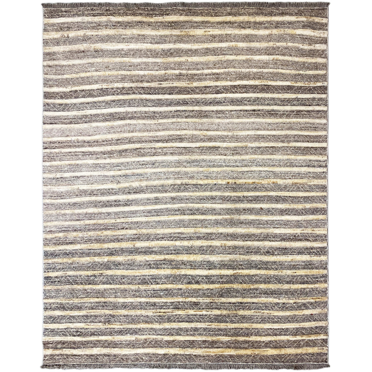 Kelim-Teppich mit horizontalen Streifen in Grau, Beige und Gelb, rechteckig, gesäumt