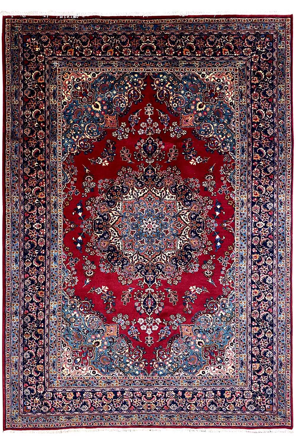 Khorasan-Teppich (296x198 cm): rotes Medaillon mit blauer Ornamentbordüre