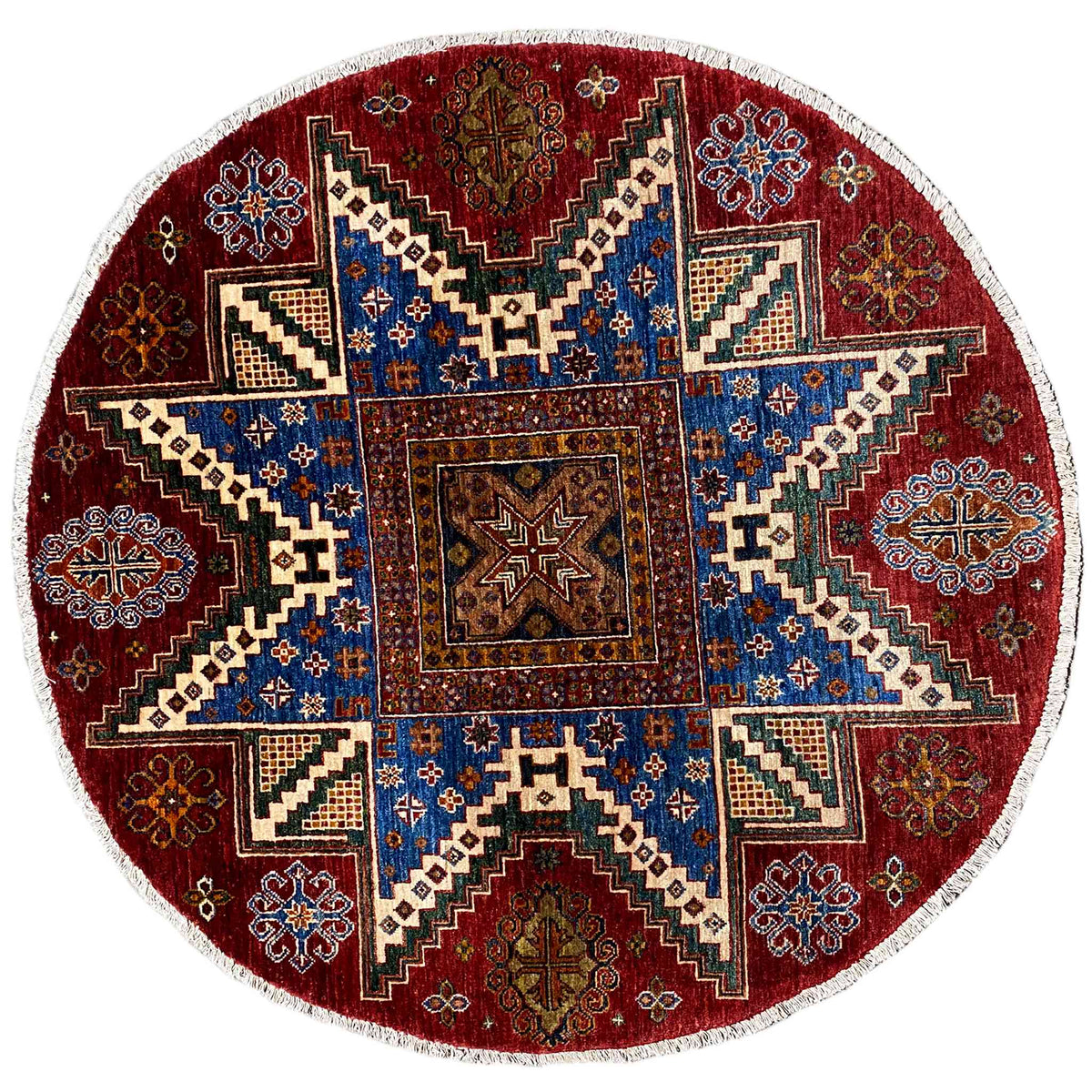 Runder Woll-Khorjin-Teppich mit rotem Grund und blau-gemustertem Ziermedaillon