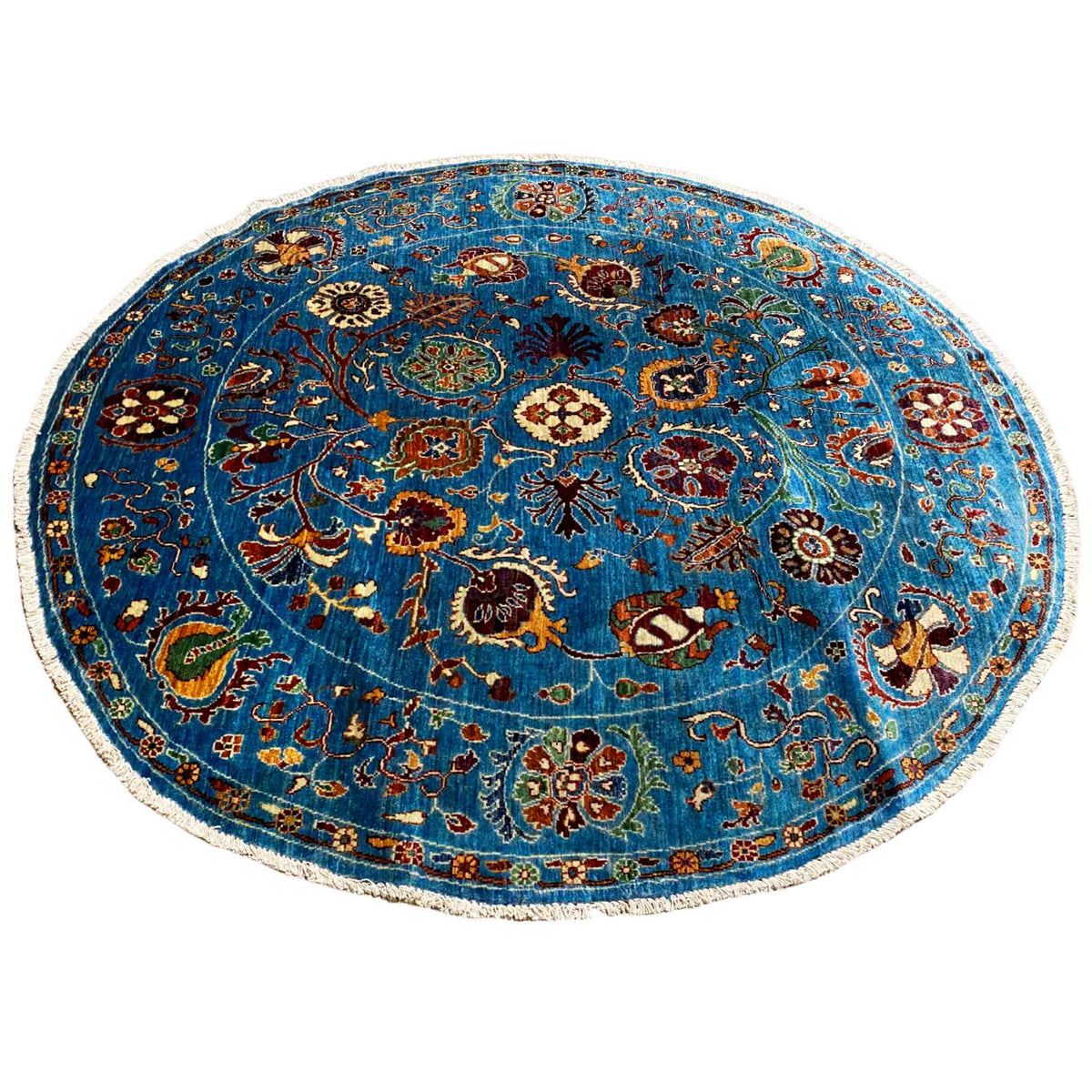 Rundteppich aus Wolle, blaues Medaillon mit vielen Blumen- und Tierornamenten