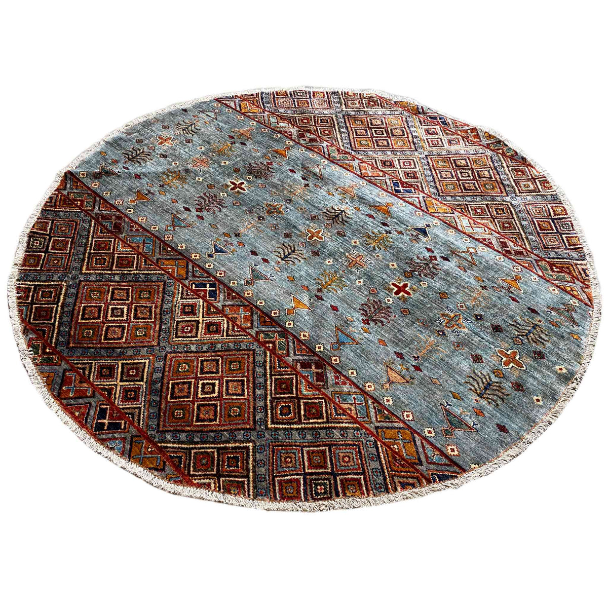 Runder Wollteppich, handgeknüpft, graublau mit geometrischem Muster in Braun und Orange