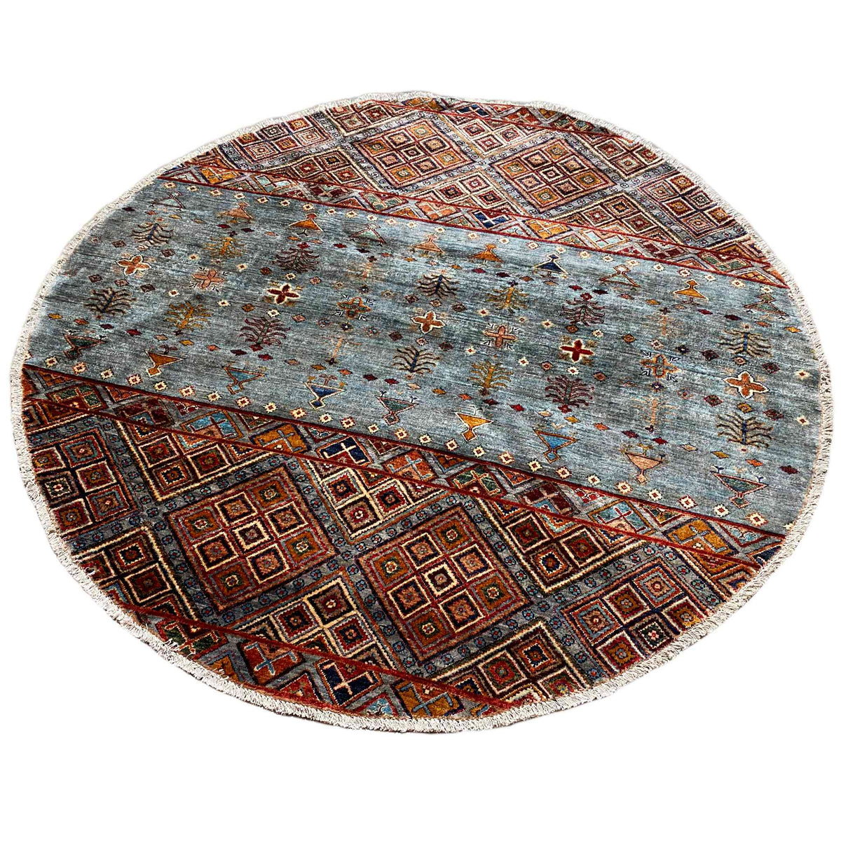 Runder Wollteppich mit Relief-Look, graublauem Muster und Bordüre in Braun, Orange und Rotbraun