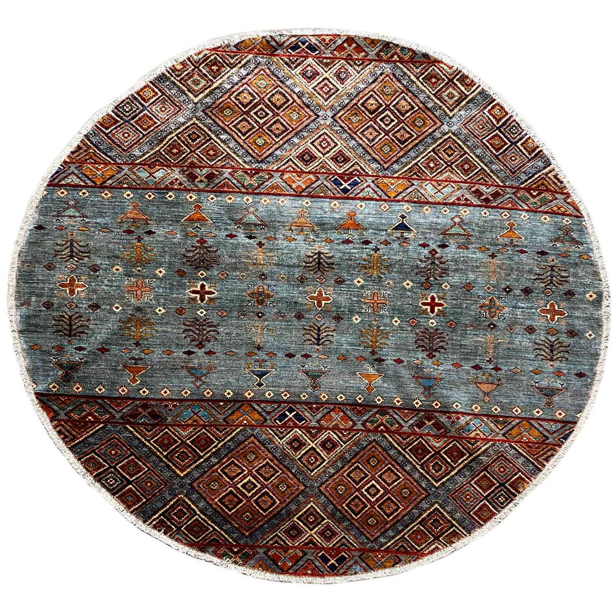 Runder handgeknüpfter Wollteppich mit ornamentem Muster in Blau, Braun und Beige, ca. 198 cm