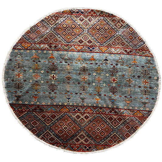 Runder Handgeknüpfter Wollteppich in Blau & Braun, 198x196 cm - German Carpet Shop