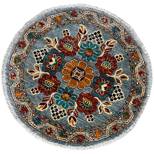 Khorjin-Wollteppich, Blaues Blumenmuster, 108x107 cm - German Carpet Shop