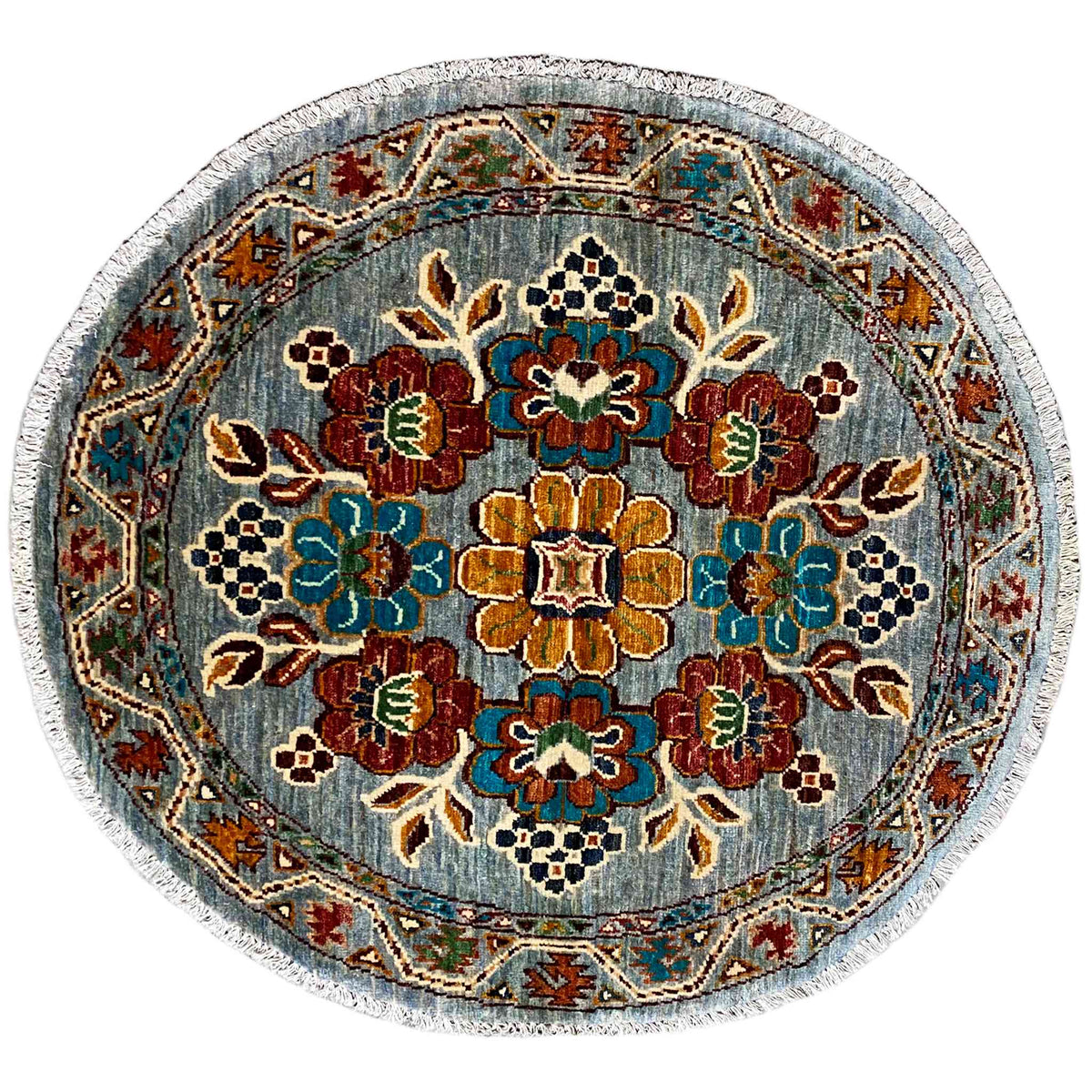 Runder Wollteppich mit blauem Blumenmuster, mehrfarbig gesäumt