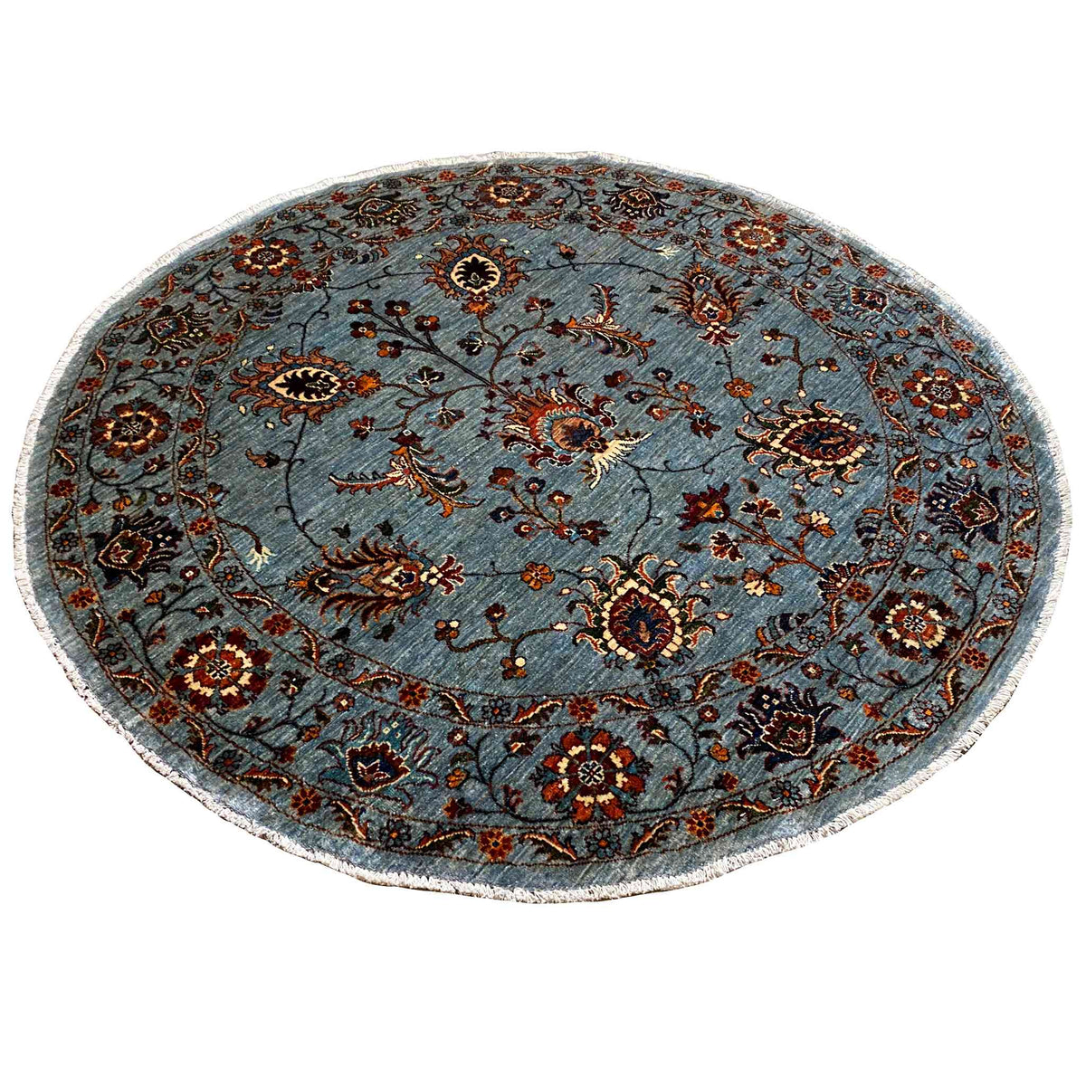 Handgeknüpfter Khorjin-Teppich rund, blau-grauer Hintergrund mit mehrfarbigen Medaillons