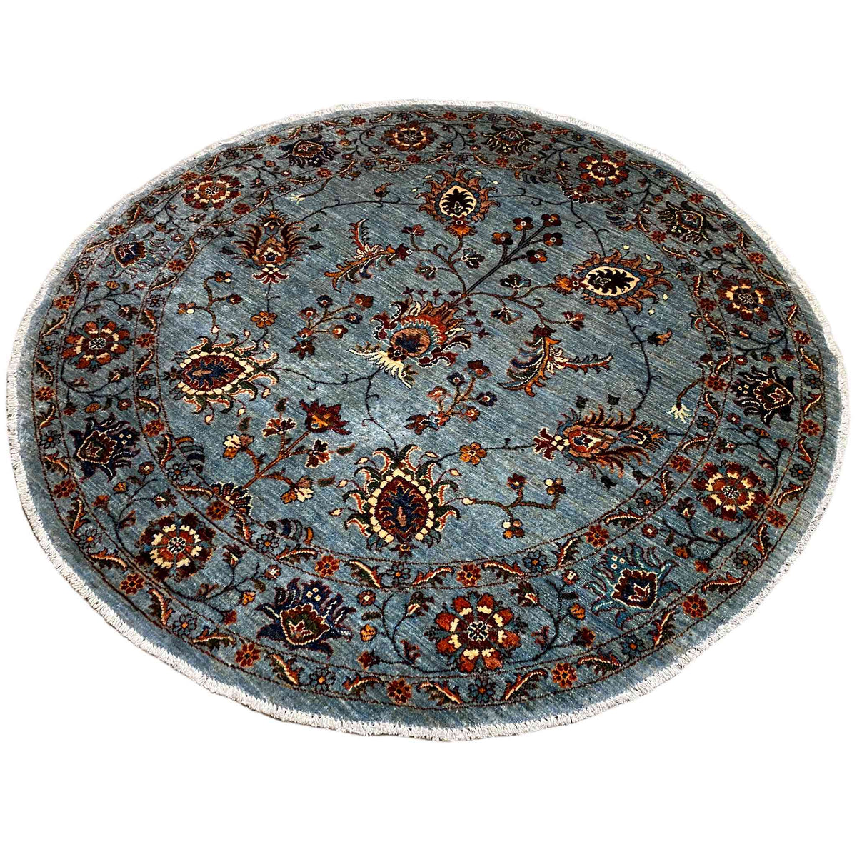 Handgeknüpfter Khorjin-Teppich rund, dichte Ornamente in Blau, Dunkelbraun und Rot