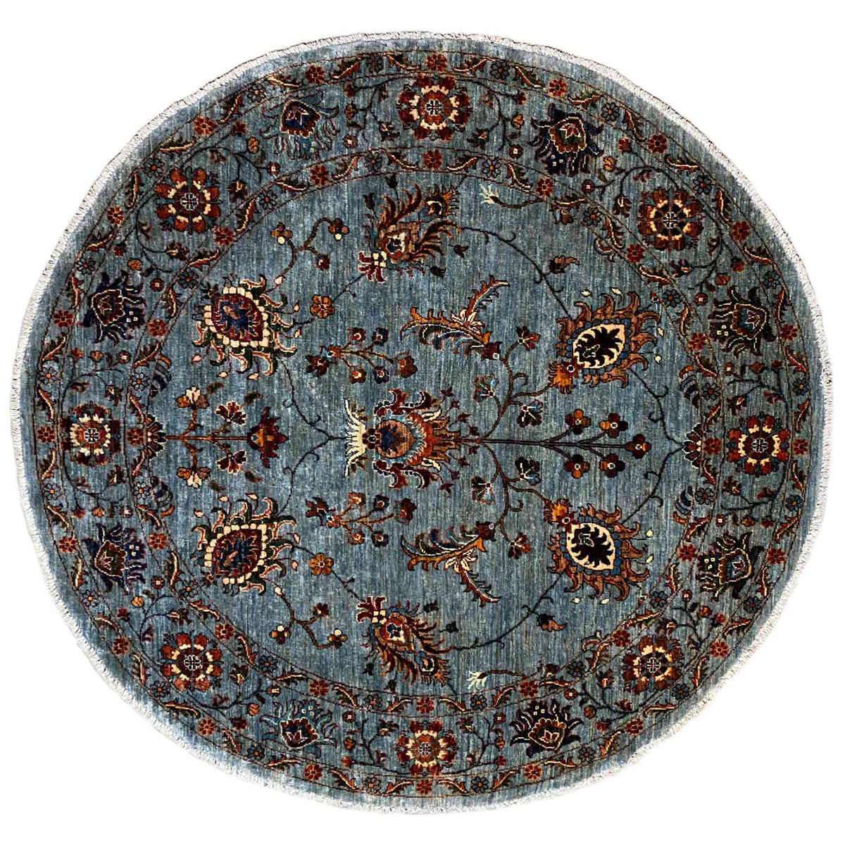 Handgeknüpfter Khorjin-Teppich rund, blau-grauer Fond mit floralen Musterdetails