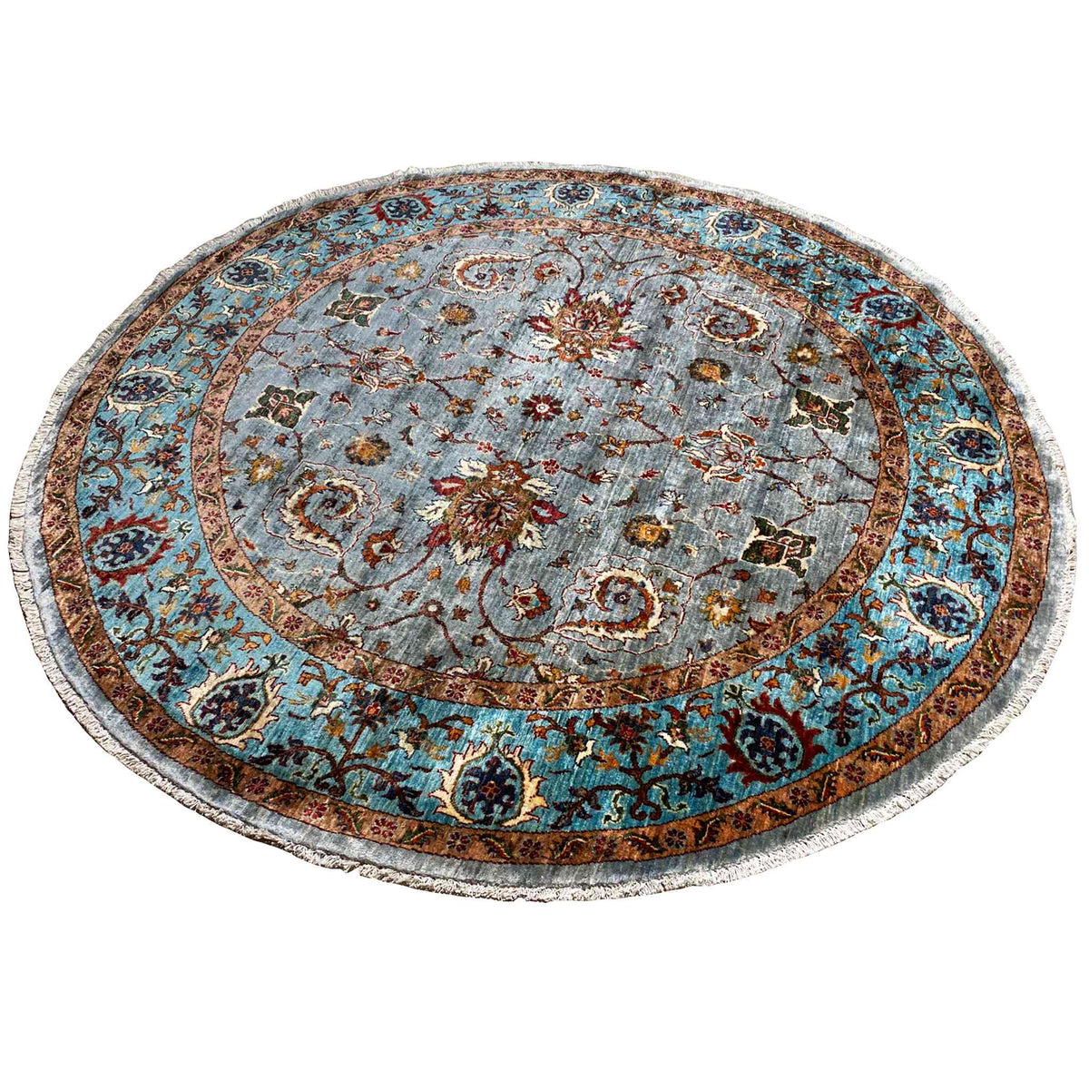 Runder Teppich mit hellblauem Mittelmedaillon, bunten floralen Motiven und Zierbordüre