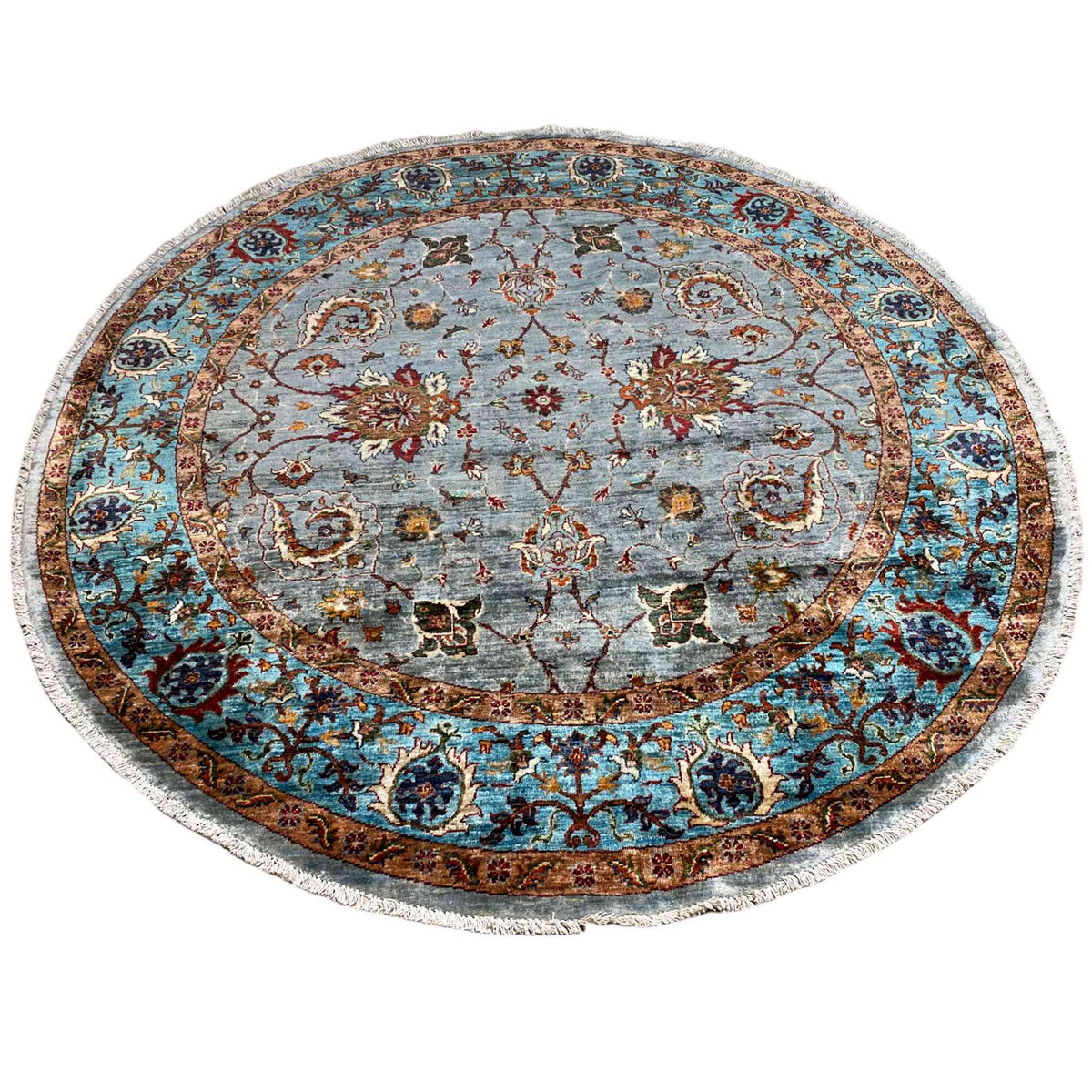 Runder Wollteppich mit grauem Flormuster, türkis-blauer Bordüre und floralen Medaillons