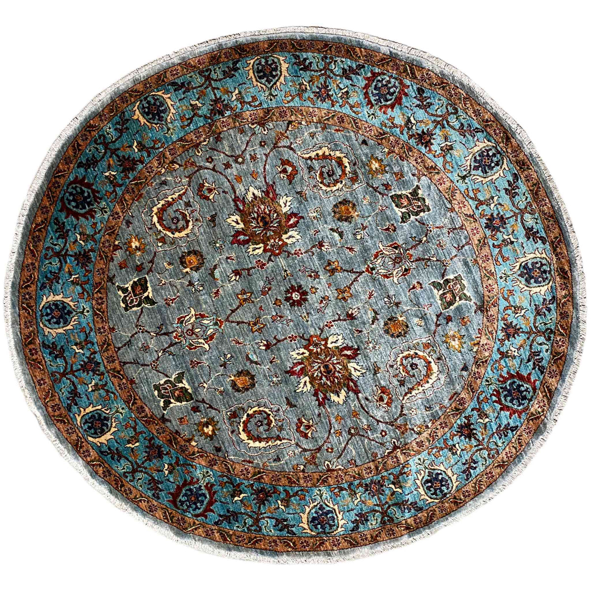 Runder Wollteppich mit blau-grauem Ornamentmuster und braunem Rand, 207x205 cm