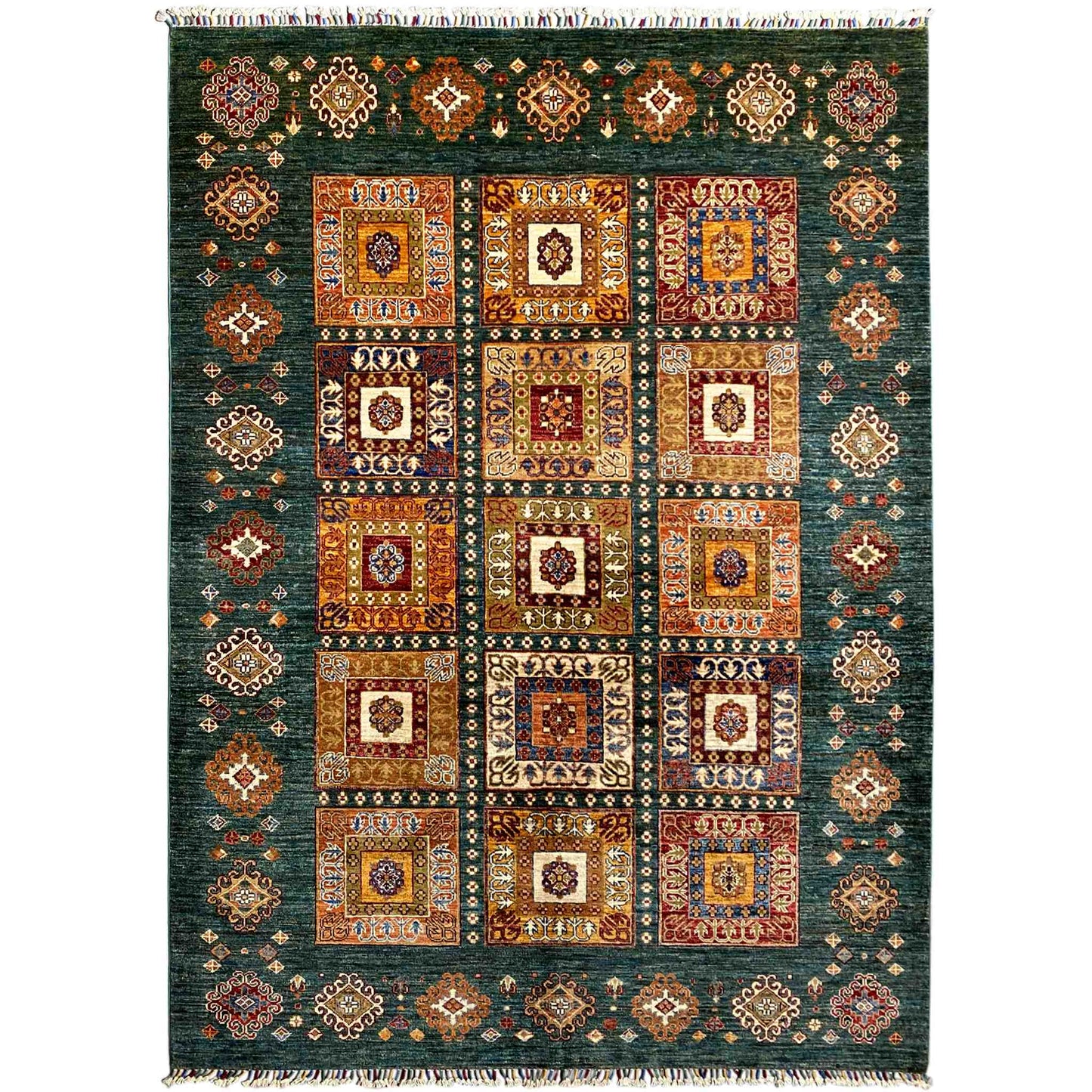 Khorjin-Teppich - Blaugrünes geometrisches Design & rustikale Eleganz, 229x176 cm - German Carpet Shop
