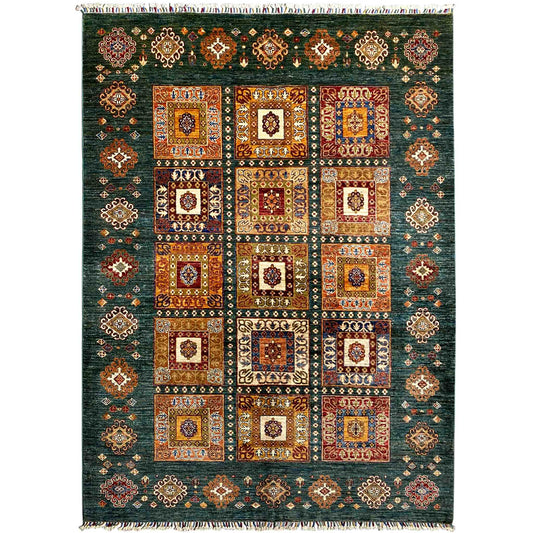 Khorjin-Teppich - Blaugrünes geometrisches Design & rustikale Eleganz, 229x176 cm - German Carpet Shop