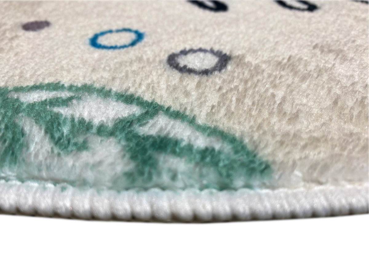Runder Kinderteppich: weicher Flor mit Katzenillustration und farbiger Randborte