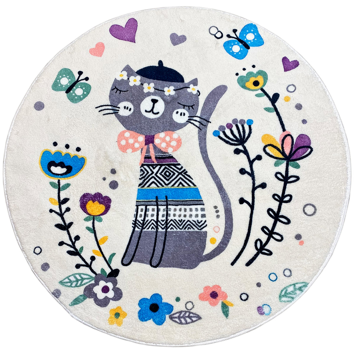 Runder Kinderteppich mit Katzenmotiv, weißer Untergrund und bunte Blumen