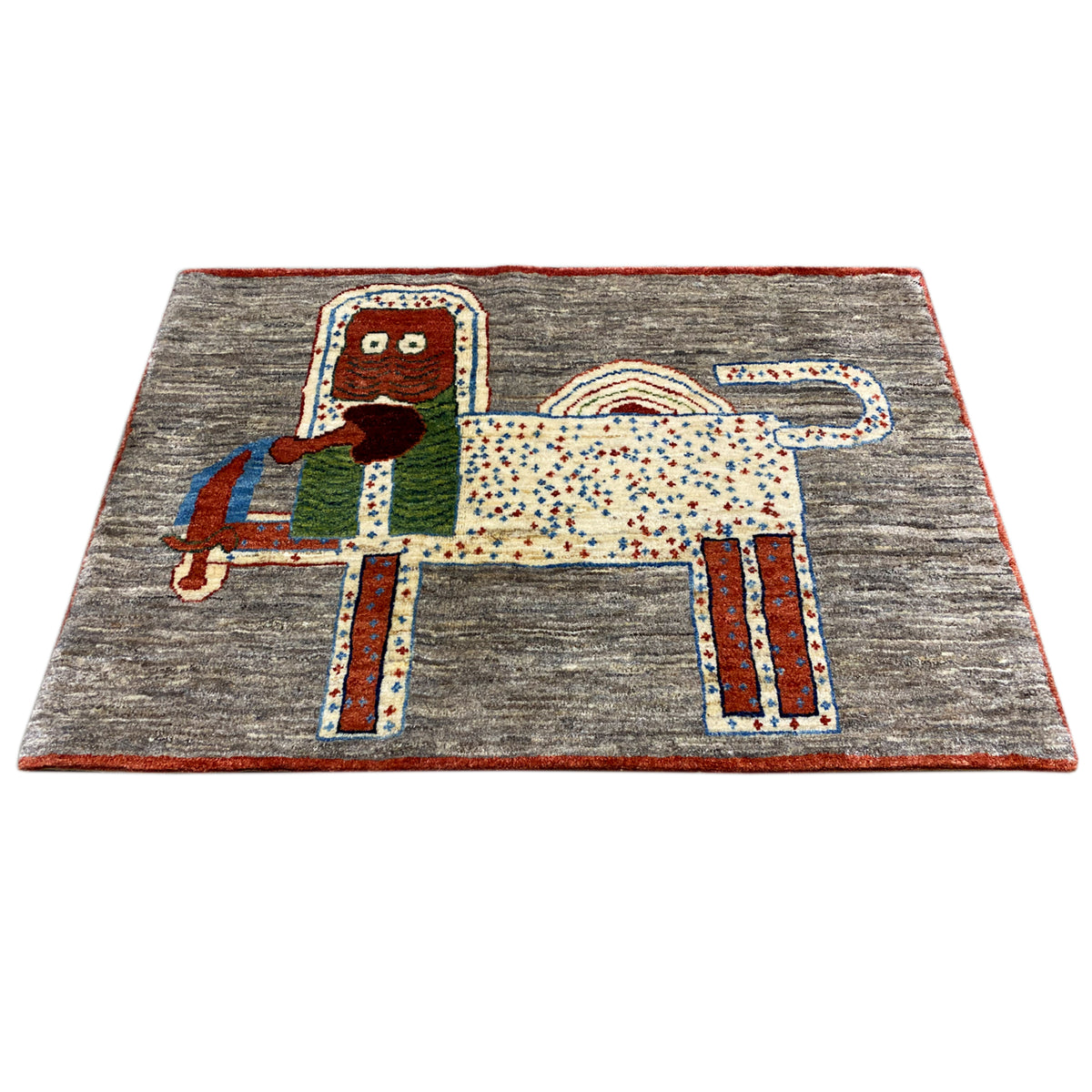 Löwen-Gabbeh-Teppich 117x79 cm, graue Fläche mit Applikations-Tiermotiv und rotem Saum