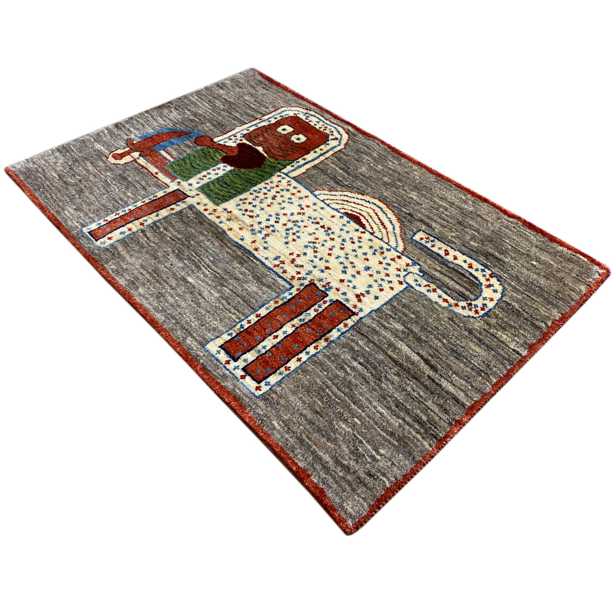 Löwen-Gabbeh-Teppich 117x79 cm, Tierapplikation auf grauem Webgrund mit rotem Kantenrand