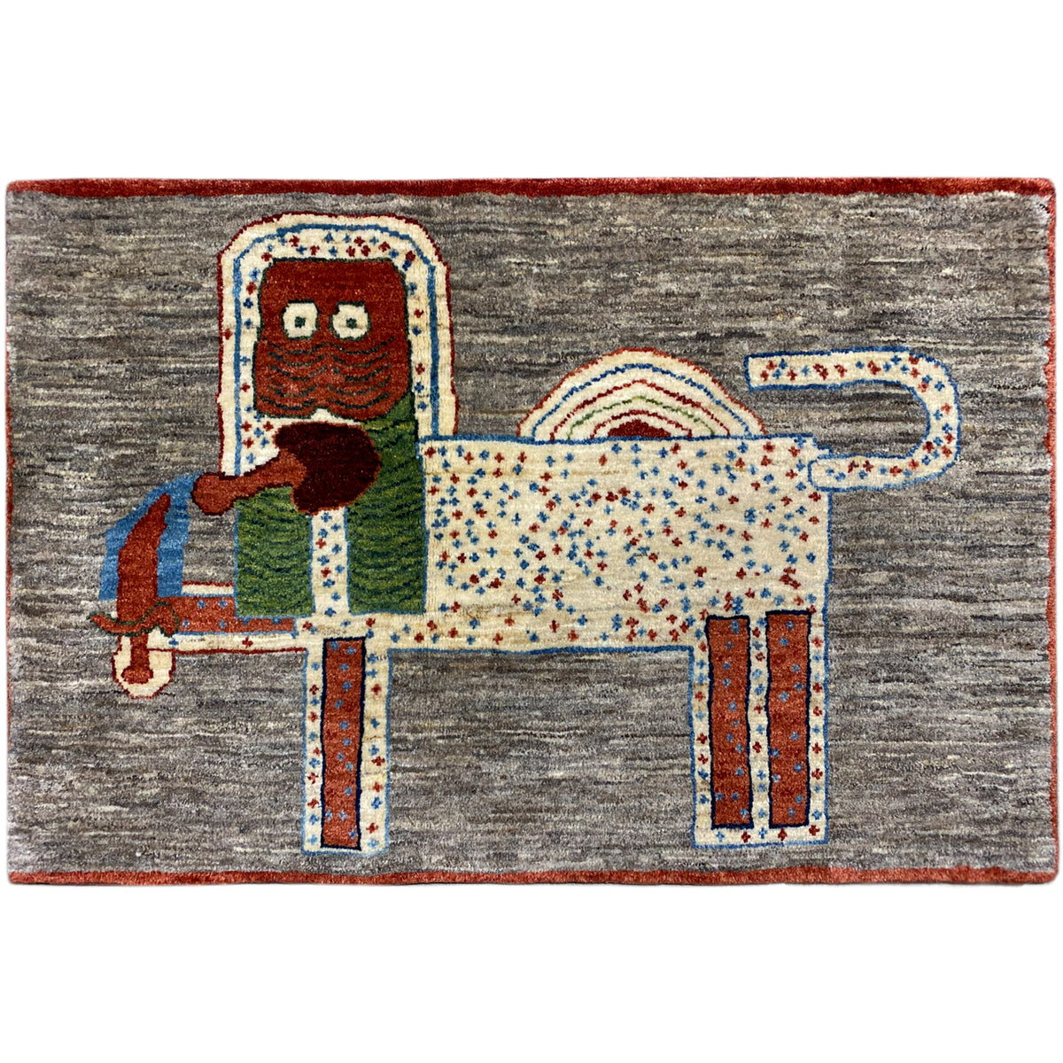 Löwen-Gabbeh-Teppich 117x79 cm mit Tiermotiv und mehrfarbigem Rand auf grauem Grund