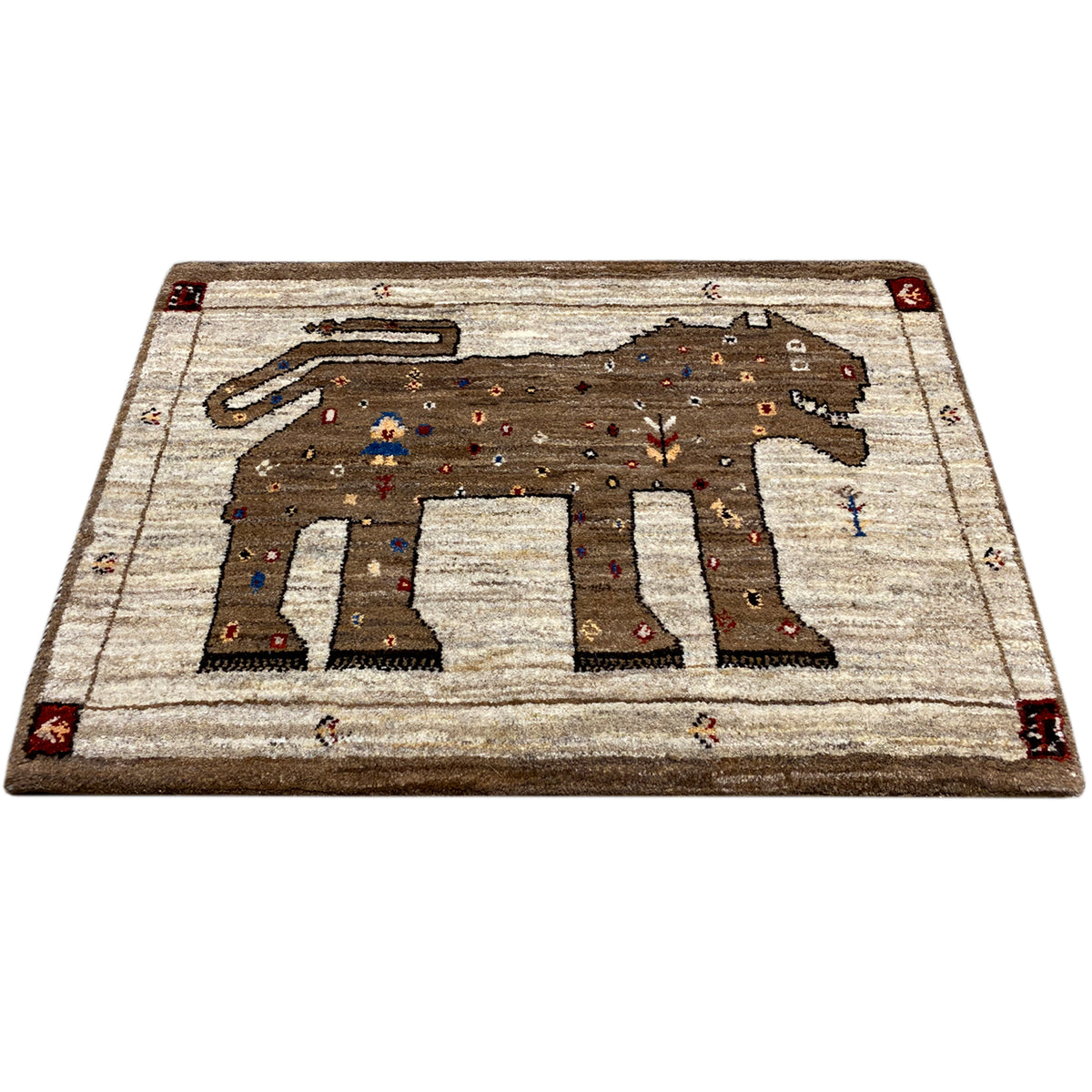 Rechteckiger Gabbeh-Teppich mit stilisiertem Löwenmotiv in Dunkelbraun und Beige