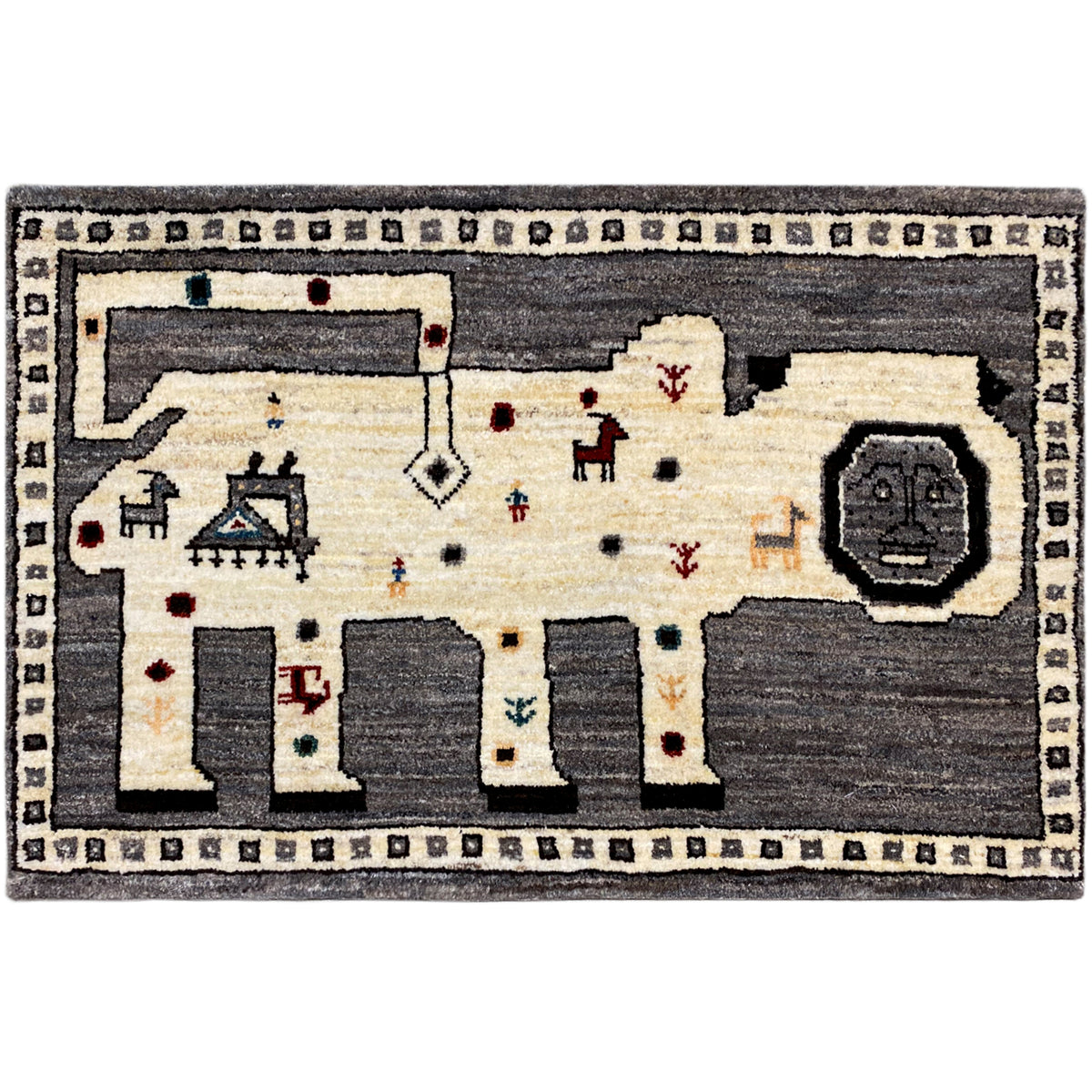 Gabbeh-Teppich mit grauem Rand, cremefarbenem Feld und mehrfarbigen Ornamenten